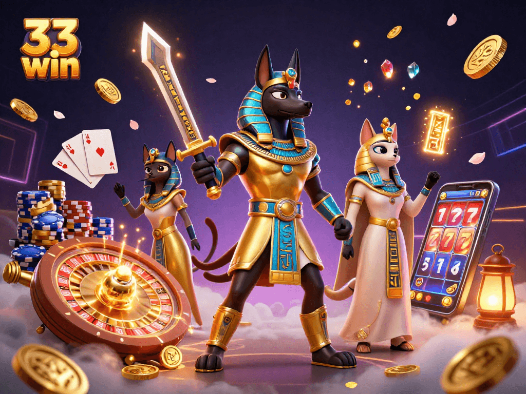 Engage with the thrilling gaming scene featuring 33 win, showcasing casino elements and ancient Egyptian warriors.