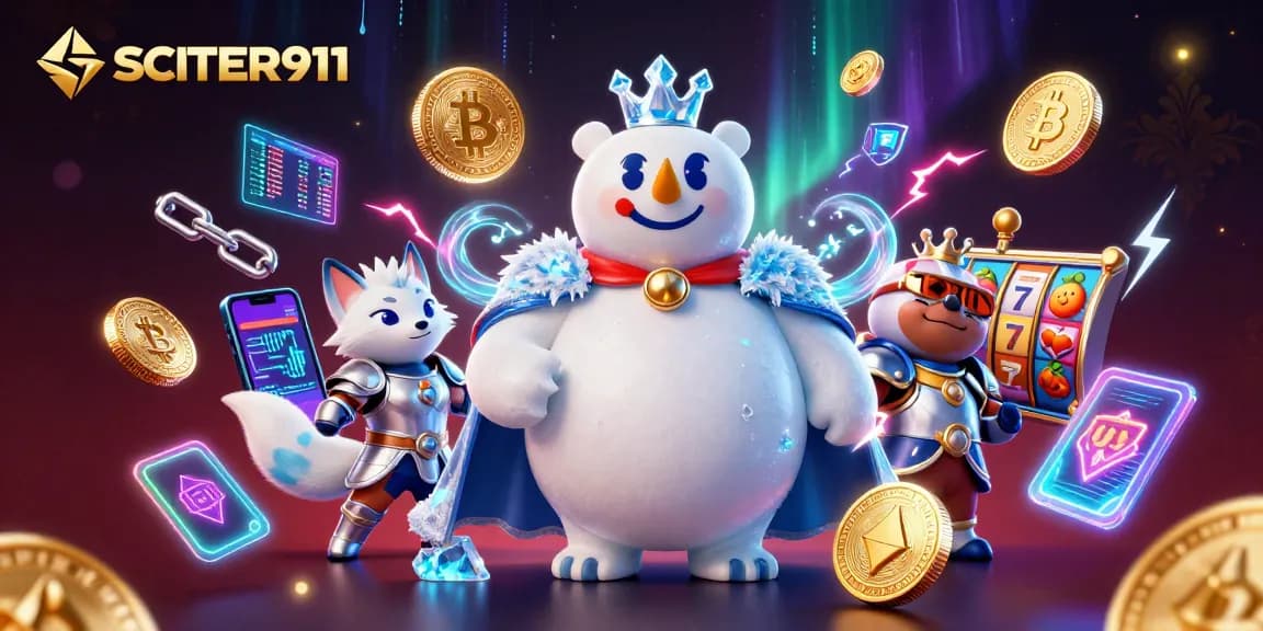 Engage in SCATTER911's thrilling casino action with vibrant 3D illustrations of slot reels and crypto coins.