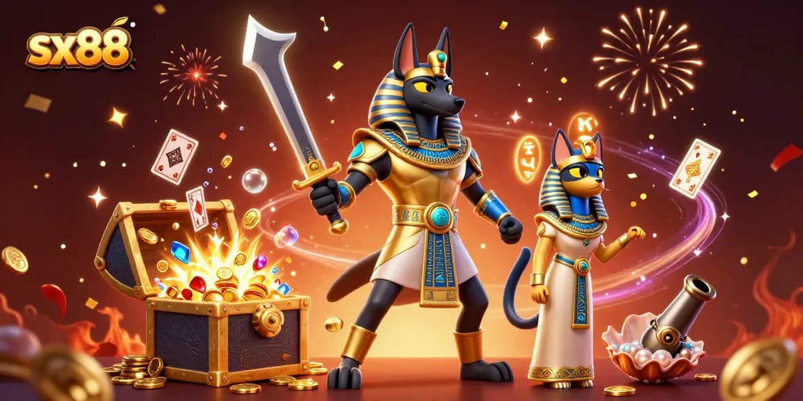 SX88 captivates with 3D Egyptian warriors celebrating under gold confetti while playing an underwater treasure game.