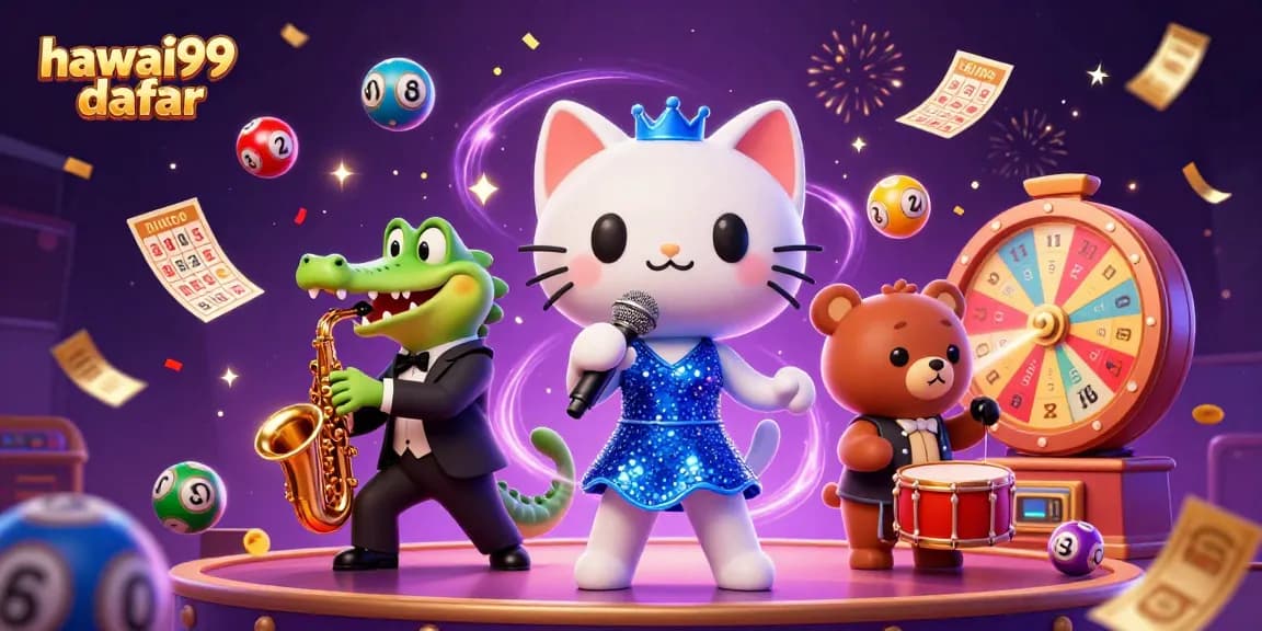 Play exciting games with hawai99 daftar at a vibrant casino stage featuring animated characters.