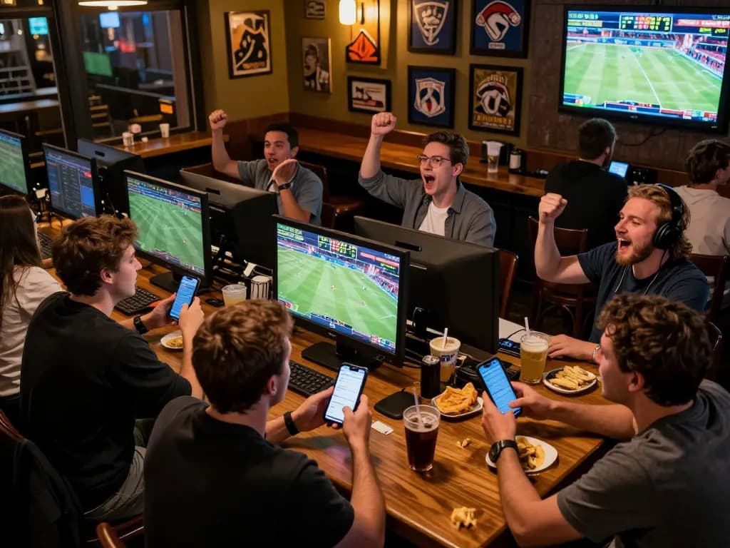 Fans at a vibrant sports betting bar using fabet app to track live games and place bets