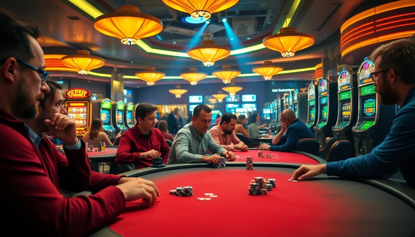 Permainan kasino toko56 dengan pemain yang antusias di meja poker yang berkilau.