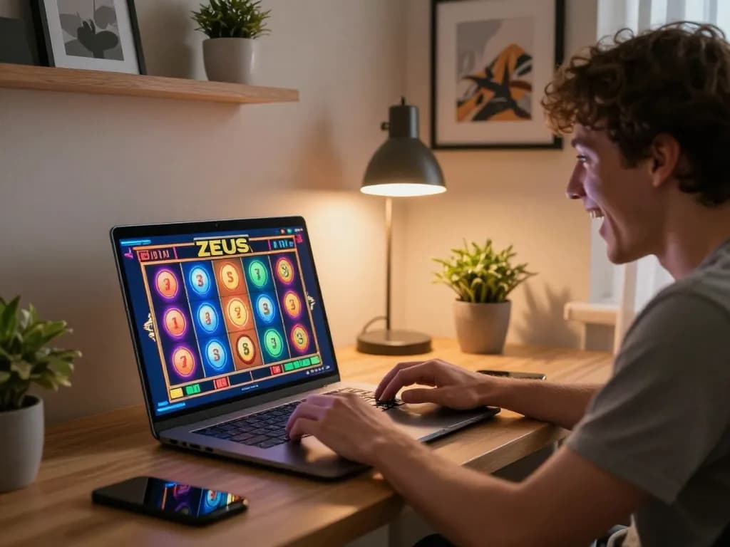 Engaging in zeus slot gaming on a laptop, illuminating vibrant online casino experience from home