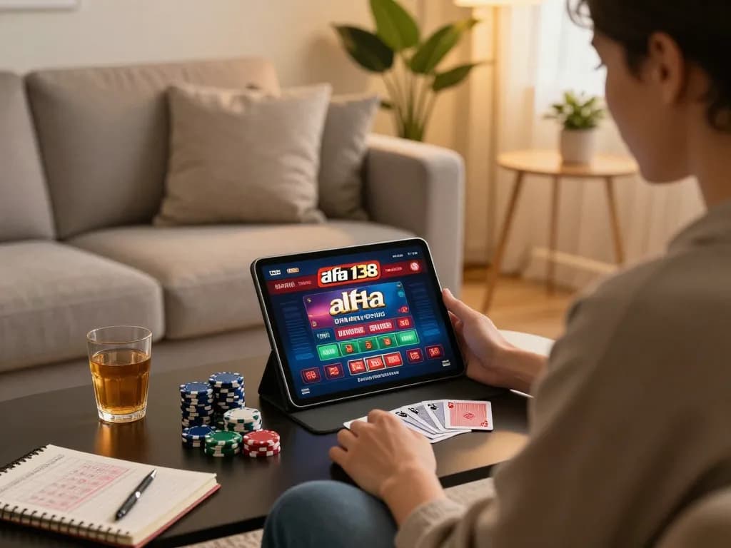 Pengguna terlibat bermain kasino online alfa 138 di tablet dalam pengaturan rumah yang nyaman dengan kartu dan strategi.