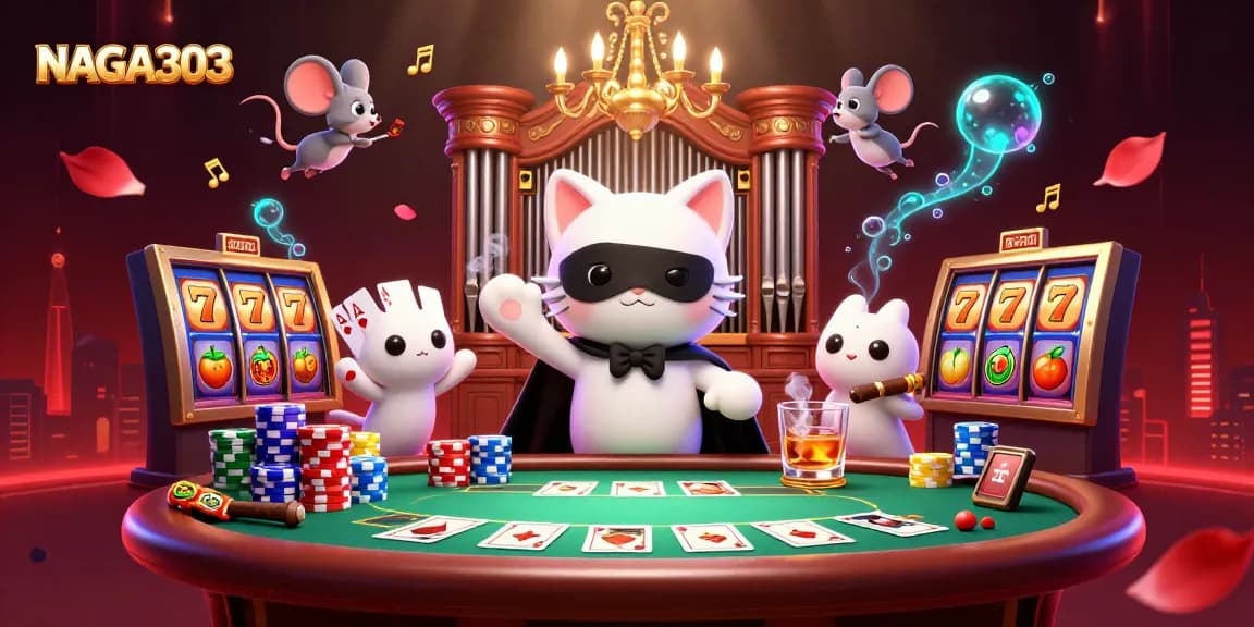 NAGA303 invites players to a thrilling jackpot scene filled with vibrant slot symbols and engaging poker elements.