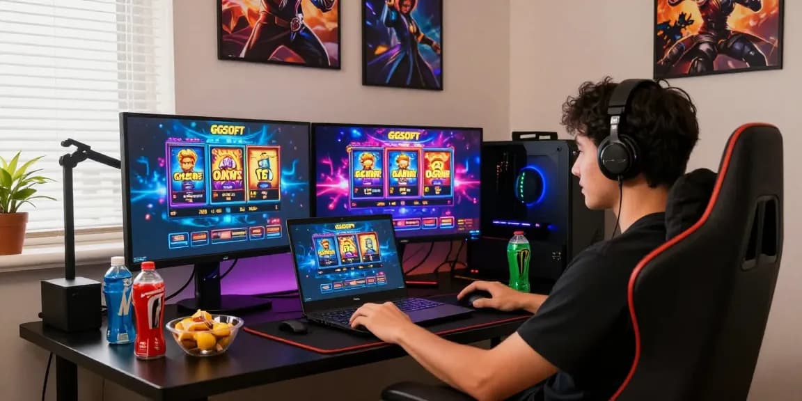 Gamer menikmati pengalaman slot gacor dengan setup modern dan cahaya LED.