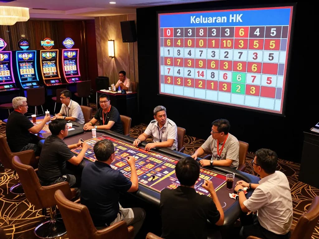 Witness the excitement as Keluaran HK results are revealed in a bustling casino atmosphere with engaged players.