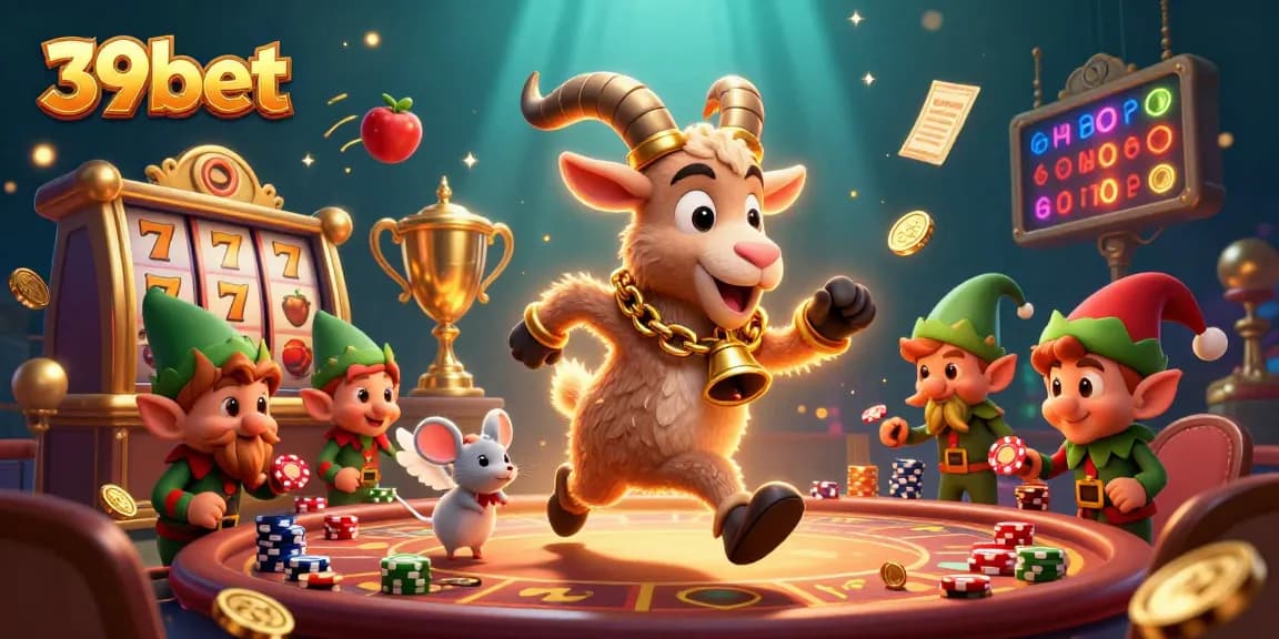 39bet showcases a lively casino scene with festive characters engaging in gambling action.