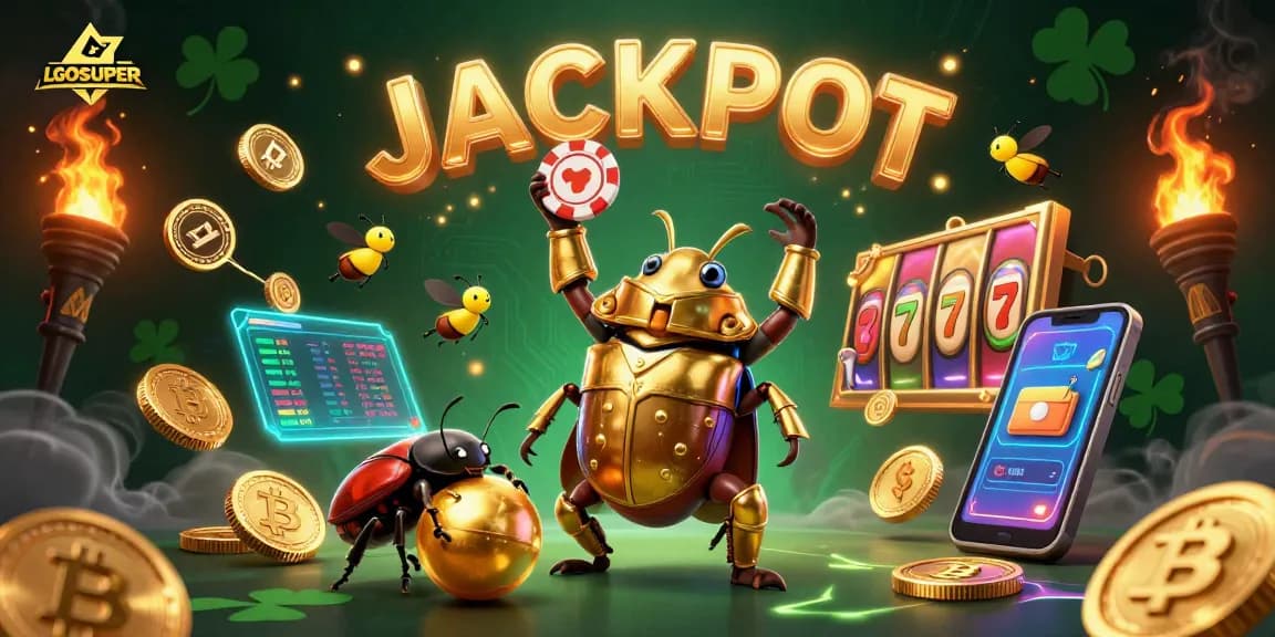 Join LGOSUPER in a thrilling jackpot adventure with a victorious beetle champion and crypto treasures.