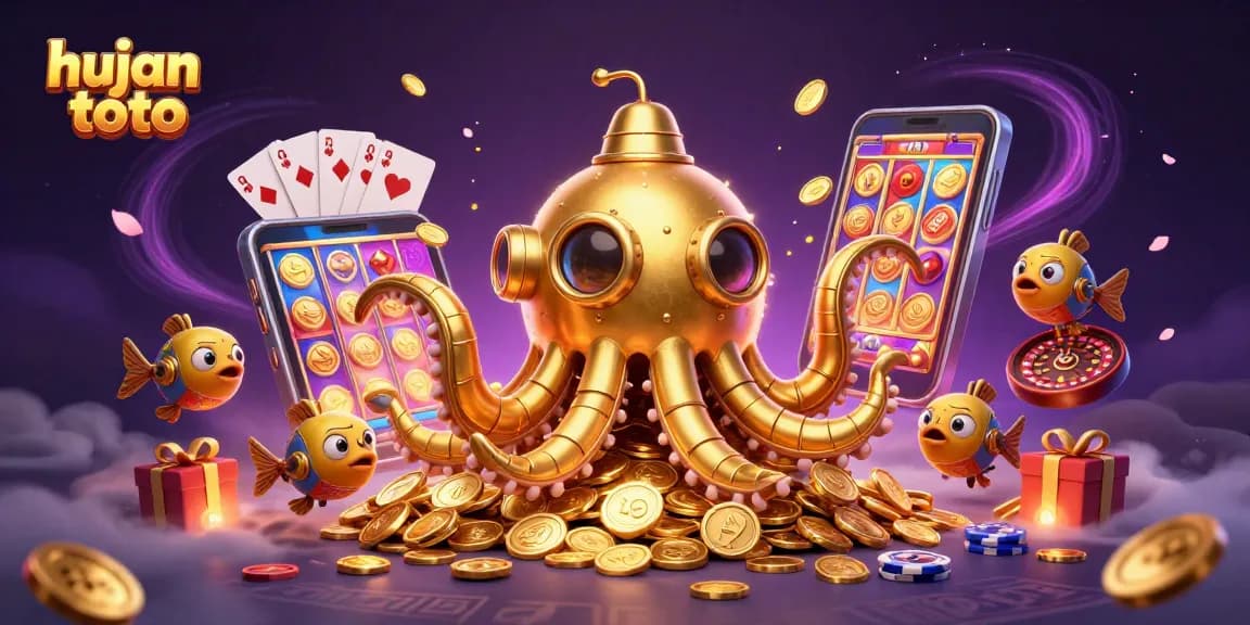 Experience hujan toto with vibrant slot games and treasures amidst golden coins and a kraken submarine.