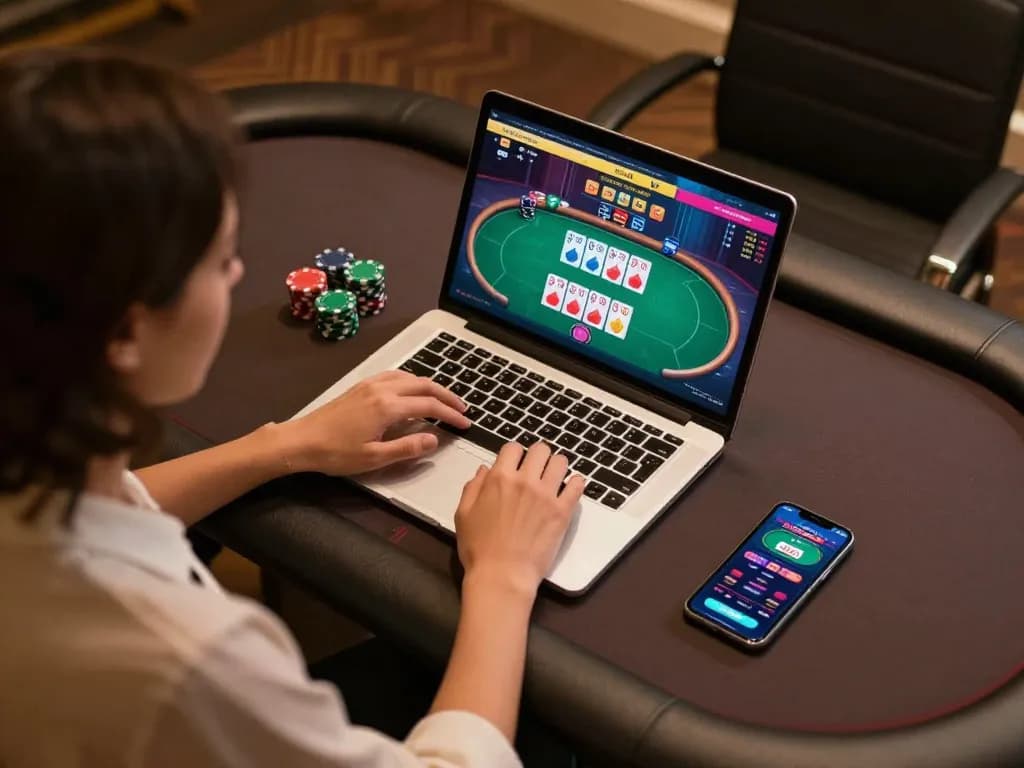 Player strategizing and placing bets on qq alfa poker game while comfortably seated at a modern desk.