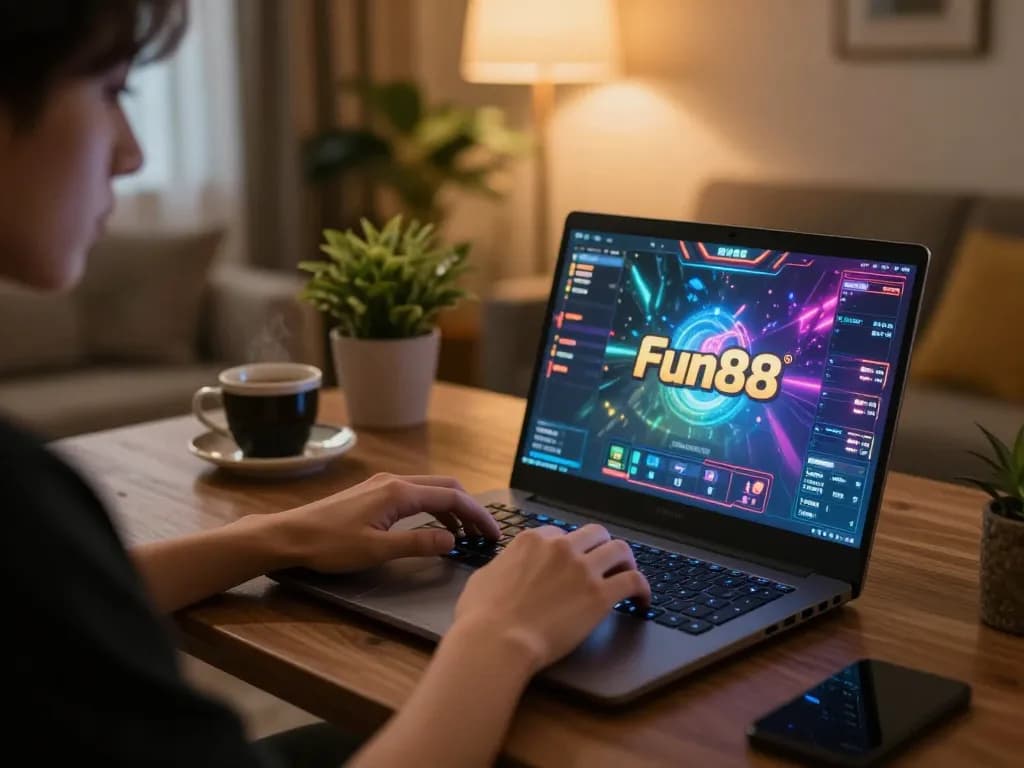 Engaged player enjoying Fun88 online casino games on a cozy laptop setup, highlighting a vibrant gaming atmosphere.