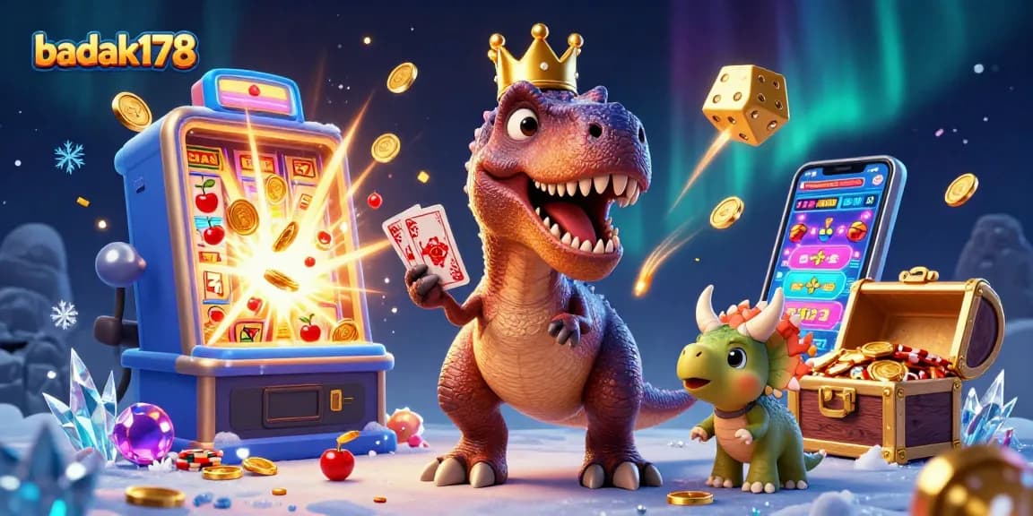 Engage with exciting games at badak178, featuring a fun 3D scene of a dinosaur card game.