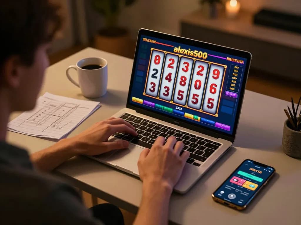 Seorang pemain menikmati permainan slot alexis500 di laptopnya, terlibat dalam permainan daring yang strategis.