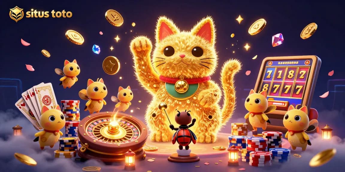 Mencoba situs toto dengan ilustrasi menyerupai kucing keberuntungan dan simbol-simbol kasino.