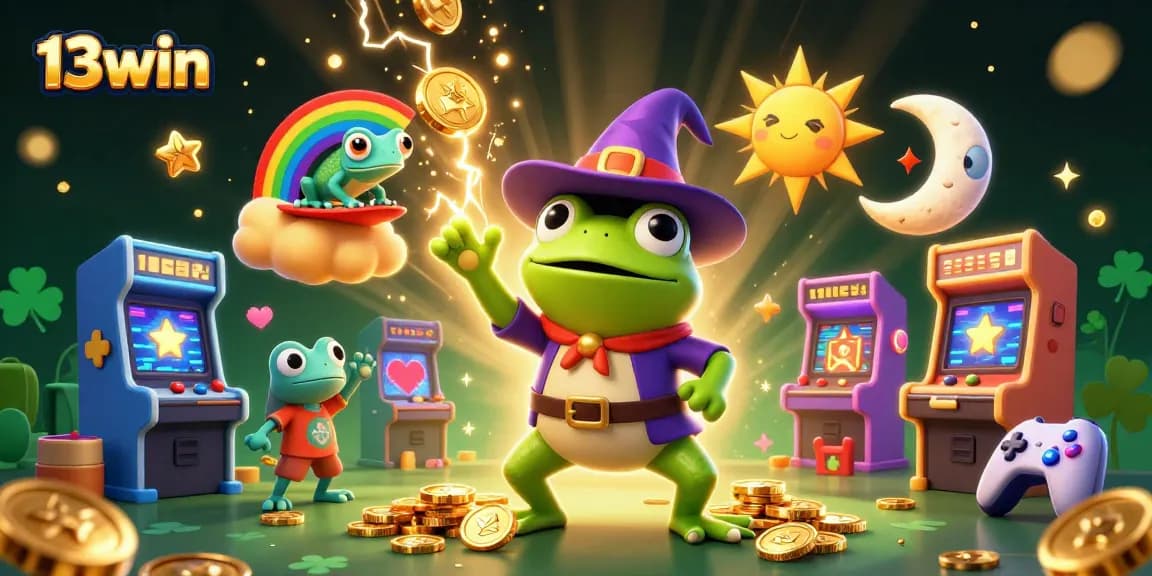 Win big with 13win as a weather wizard frog conjures golden coins in a vibrant casino scene.
