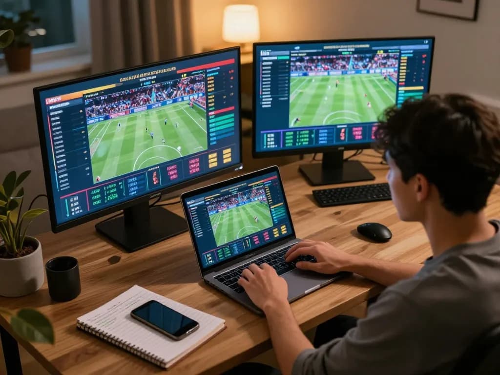 LGOGOAL player strategizing bets in a modern home office during a live sports event.