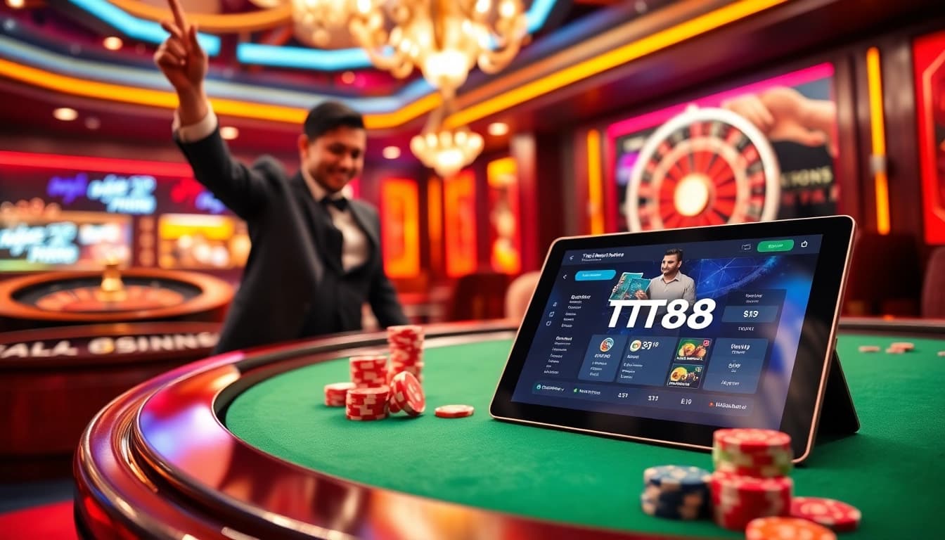 Experience the thrill of TT88 gaming with poker chips and a roulette wheel in a vibrant casino scene.