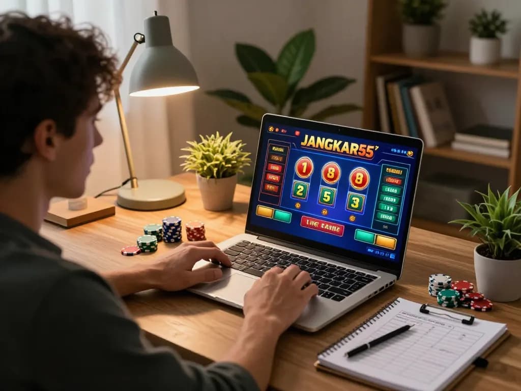 Engaging in live casino games on JANGKAR55's online platform from a stylish home office.