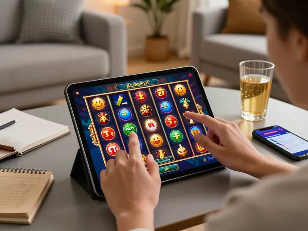 Engaging gameplay of Slot Resmi featured on a tablet in a cozy home setting, showcasing vibrant online gaming.