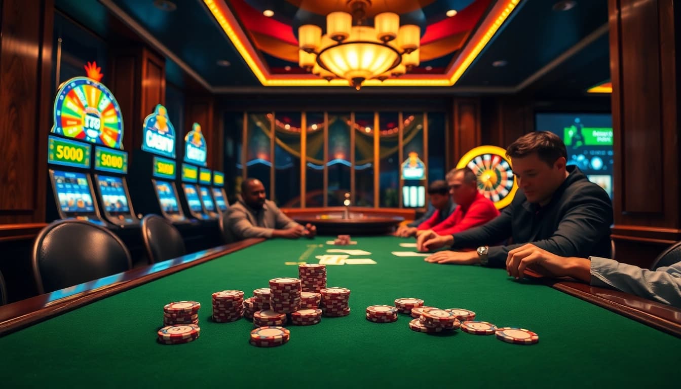 Engaging players at an AFK toto poker table amidst a vibrant casino backdrop.