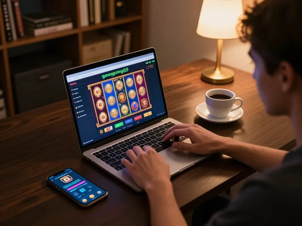 Engaged player using gawang69 interface on laptop, showcasing responsible online gaming.
