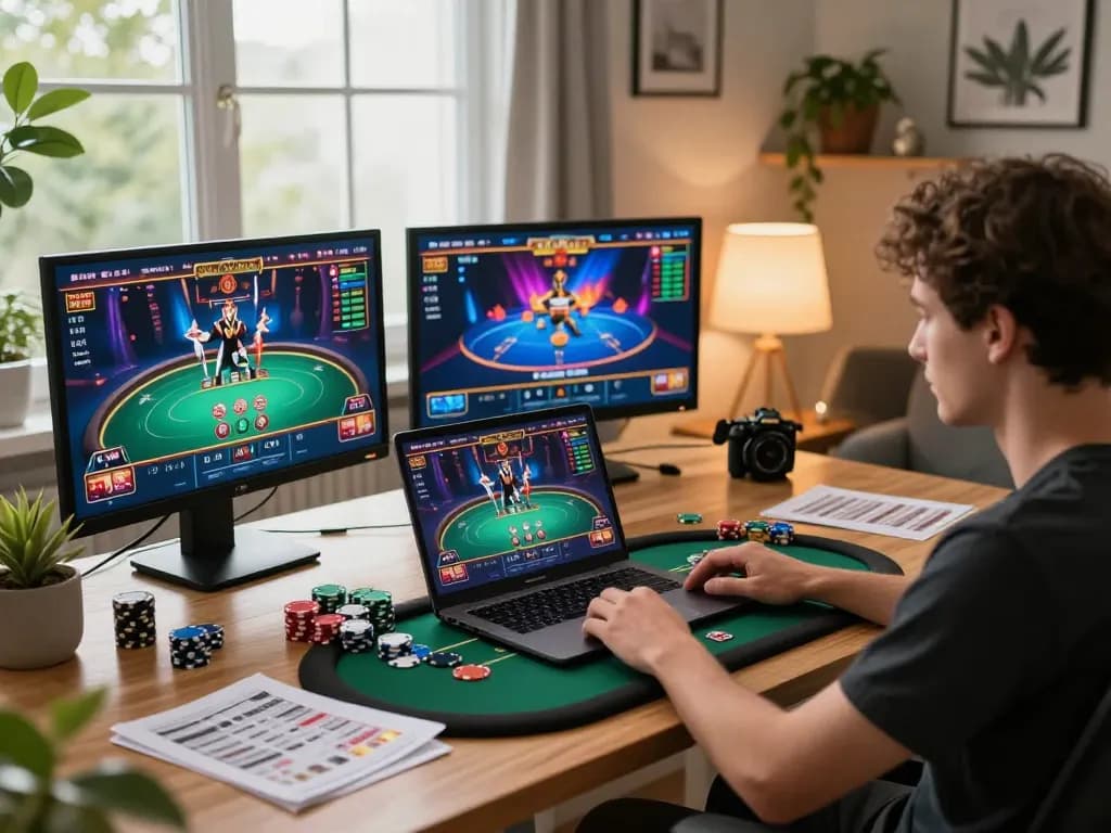 Permainan poker online HOKI368 di pengaturan rumah yang nyaman dengan visual yang menarik dan elemen permainan yang bertanggung jawab.