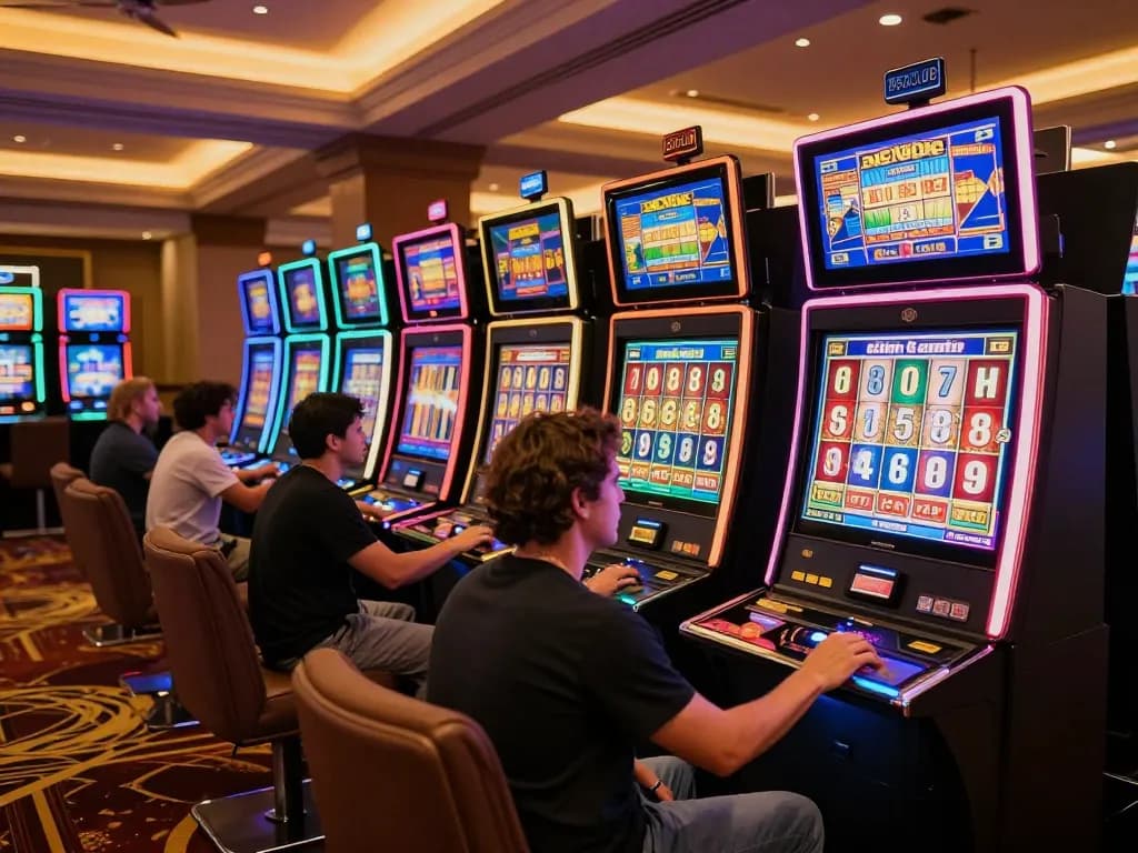 B52CLUB players engaging with vibrant slot machines in a lively casino atmosphere.