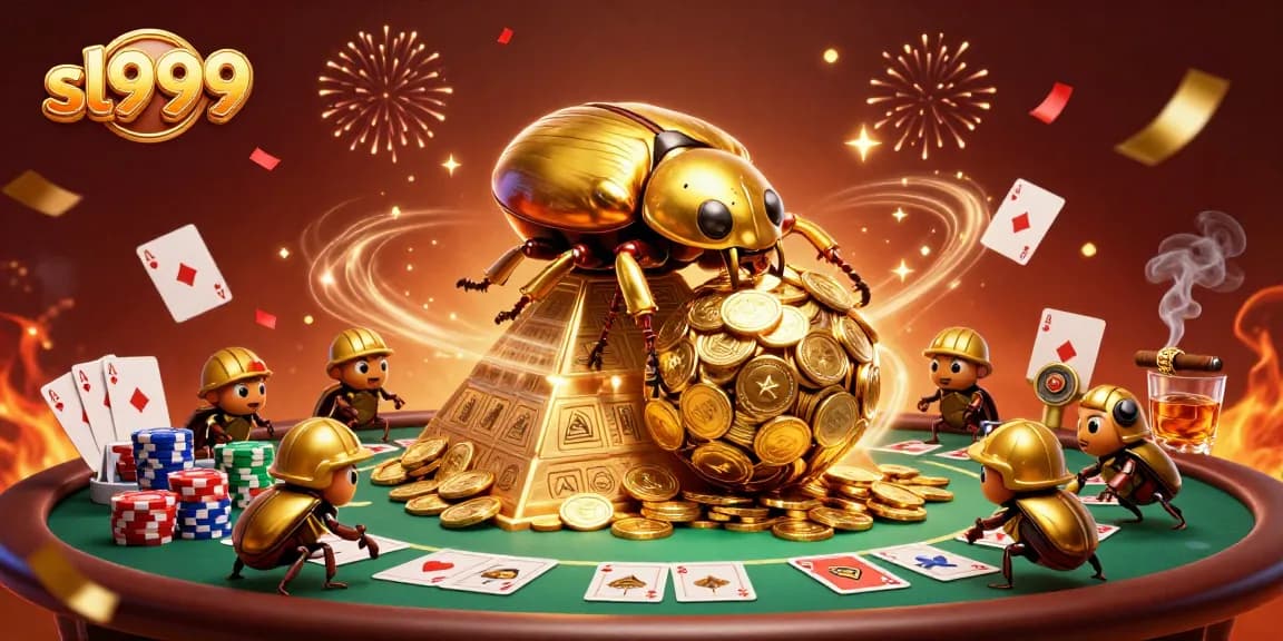 Experience sl999's vibrant gaming world with colorful casino elements and dynamic beetle characters.