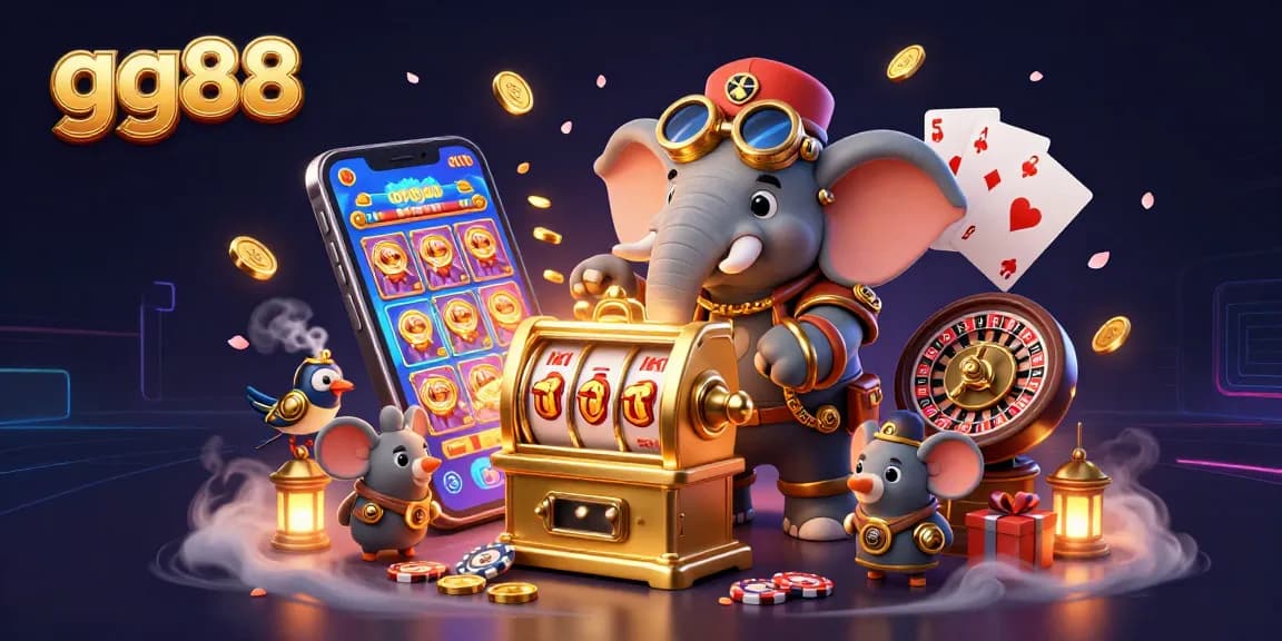 Engage in thrilling gaming action with gg88, featuring a steampunk elephant at a golden slot machine and dynamic game elements.