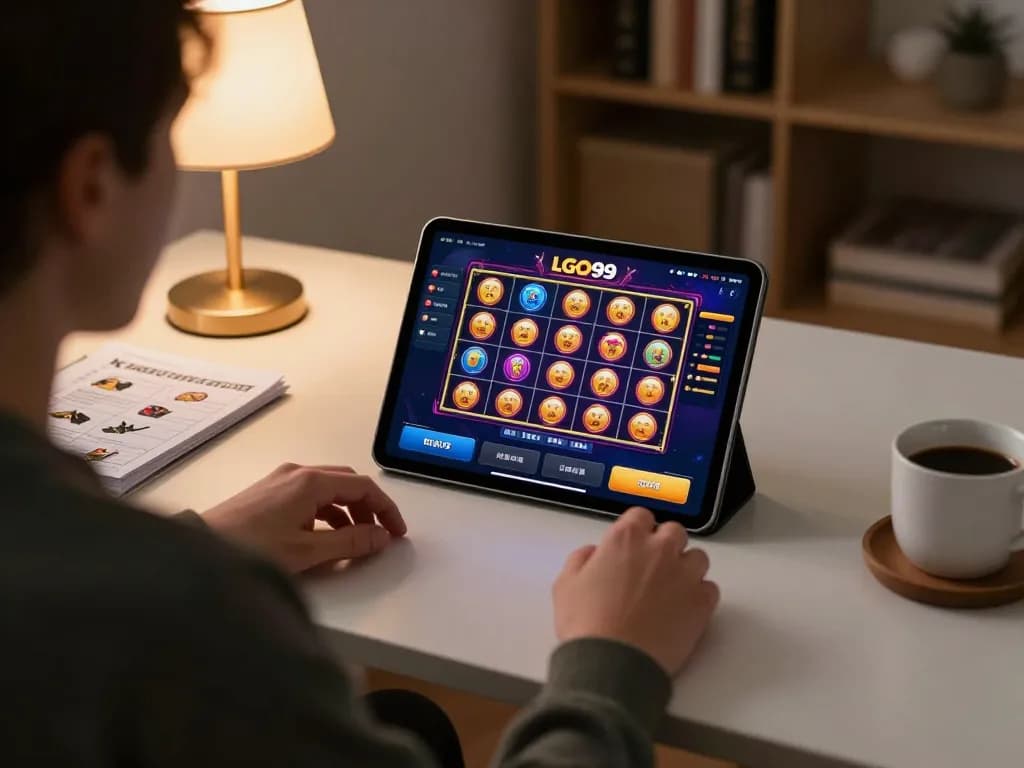 Pemain LGO99 berinteraksi dengan aplikasi kasino di tablet di ruang kerja rumah yang nyaman