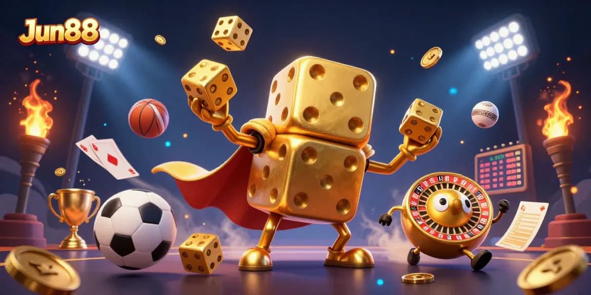 Engage with Jun88's thrilling online gaming experience via interactive sports elements and casino graphics.