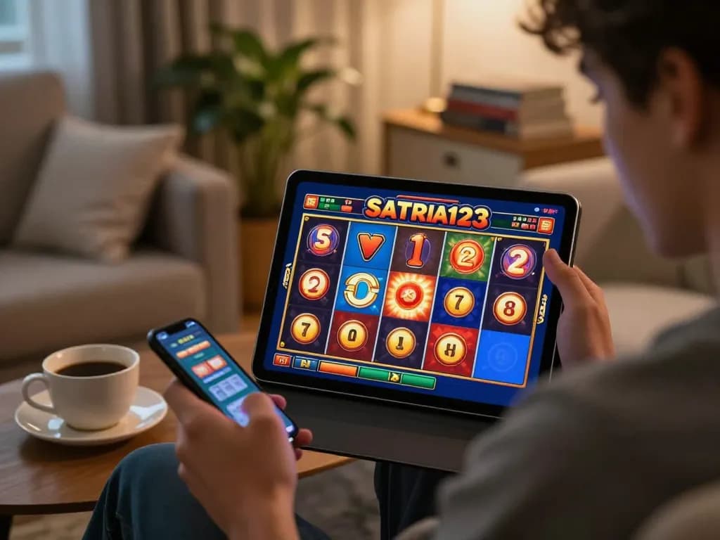 Player enjoying online slots at SATRIA123 on tablet in a cozy living room, showcasing an engaging gaming experience.
