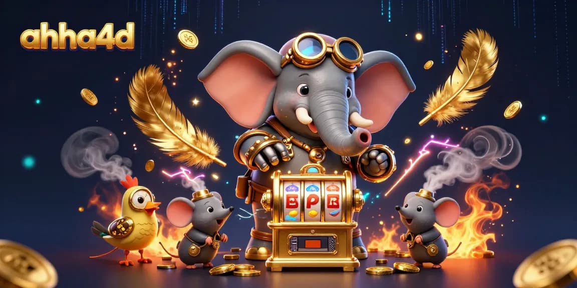 Engage with ahha4d's thrilling 3D lottery scene featuring an elephant engineer and golden slots.
