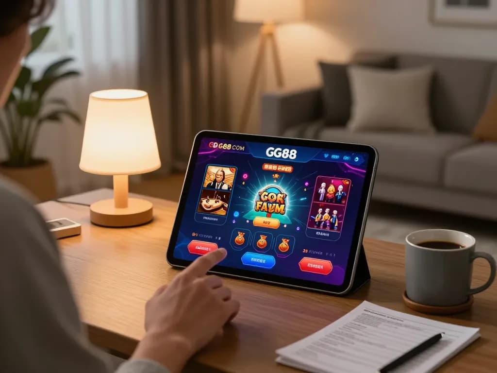 Gambling enthusiast exploring GG88 COM app on tablet in a cozy living room setting