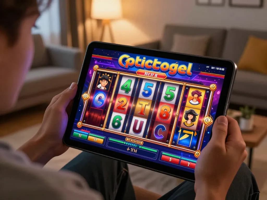 Engaging with gtatogel online slot game, vibrant interface, celebrating a win in a cozy home setting.