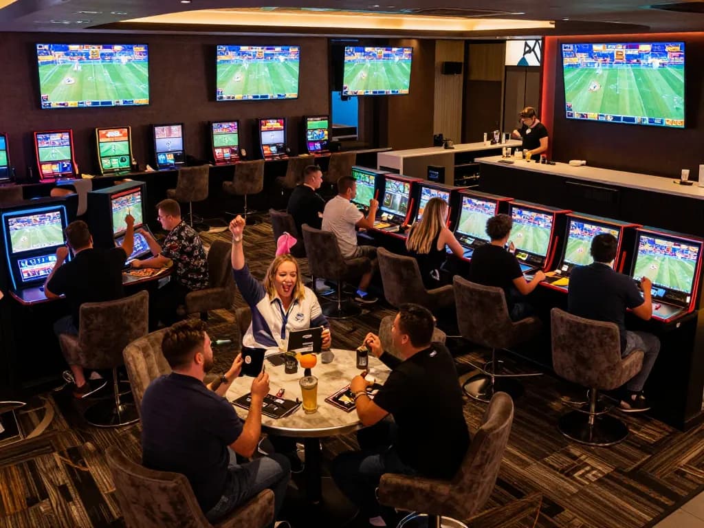 Fans engaging in exciting sports betting at Fun88 with screens showing live events in a modern lounge.