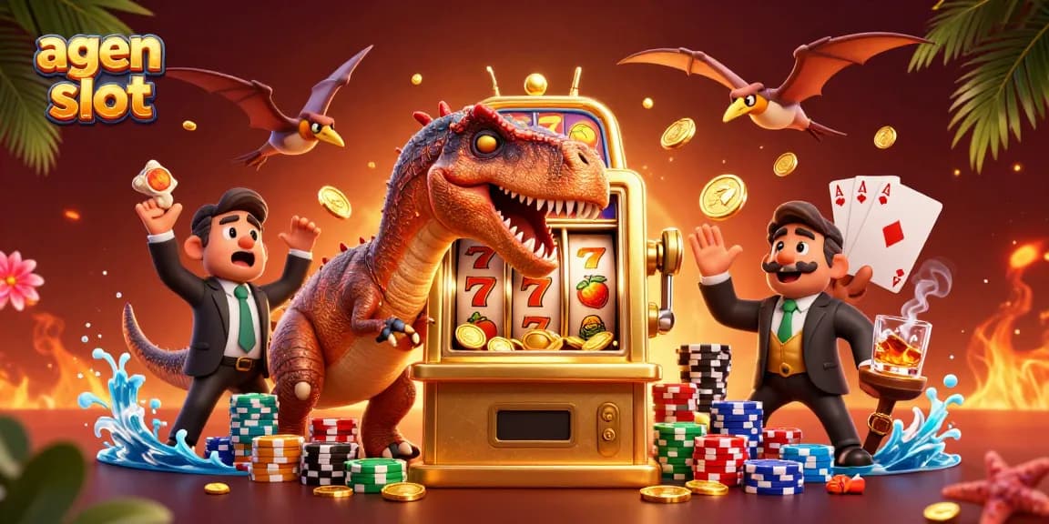 Permainan agen slot dengan pachycephalosaurus memukul mesin slot emas, menangkaskan koin jackpot.