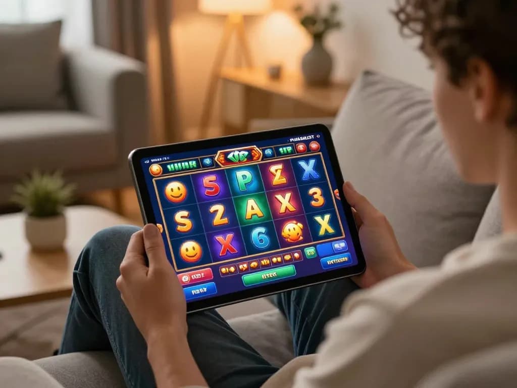 PULSASLOT player enjoying an exciting online slot game from home, showcasing vibrant graphics.
