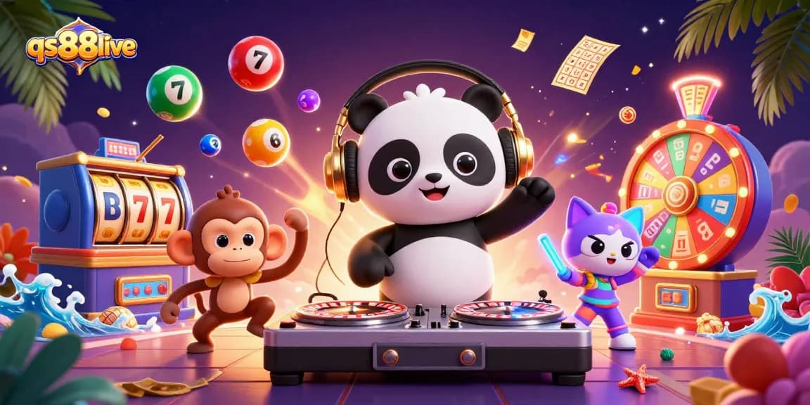 Experience the excitement of qs88live with dynamic characters set in a vibrant casino-inspired scene.