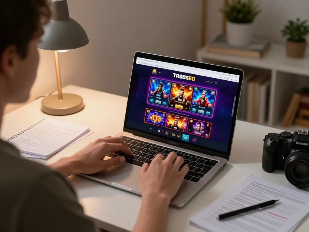 Playing at TR88SEO online casino with vibrant graphics on laptop, showcasing responsible gaming.
