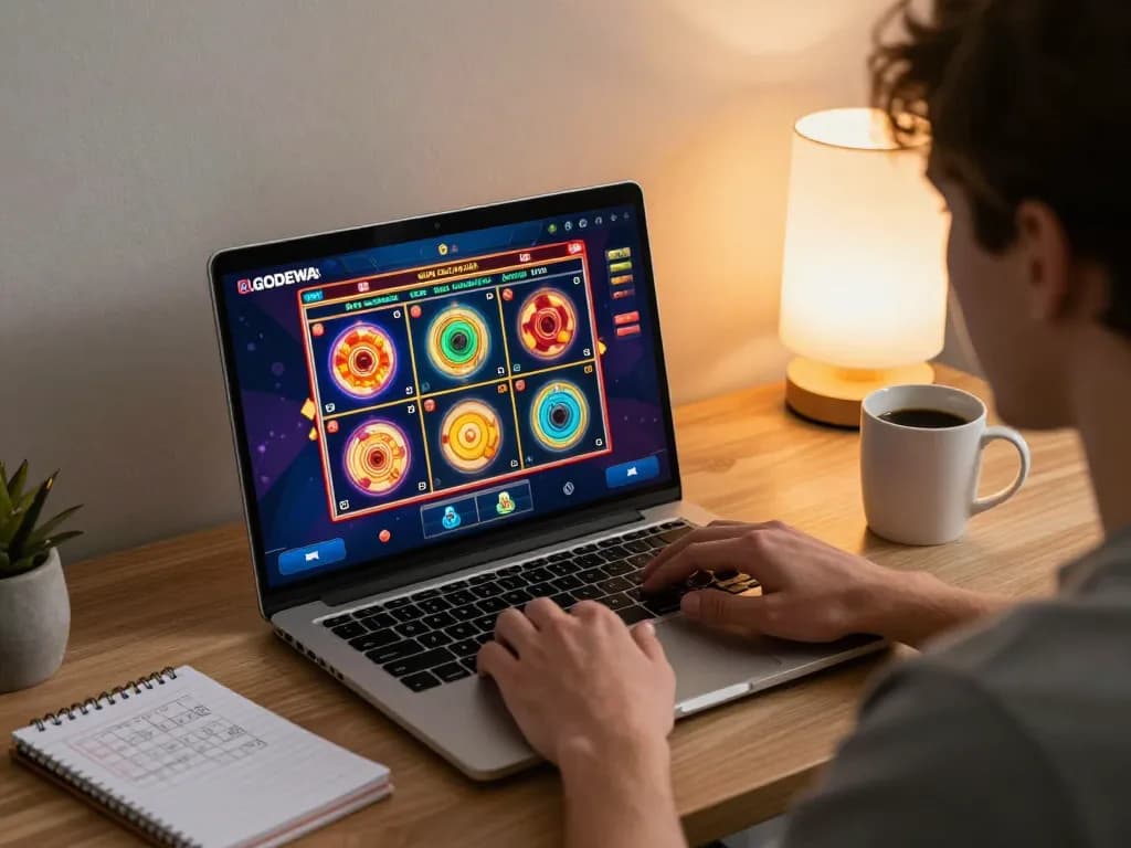 Engaging with LGODEWA online slots on a laptop, showcasing vibrant gameplay and strategic setup.
