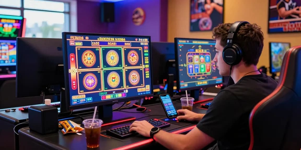 Engaged player enjoying a slot gacor game in a vibrant gaming room with immersive decor.