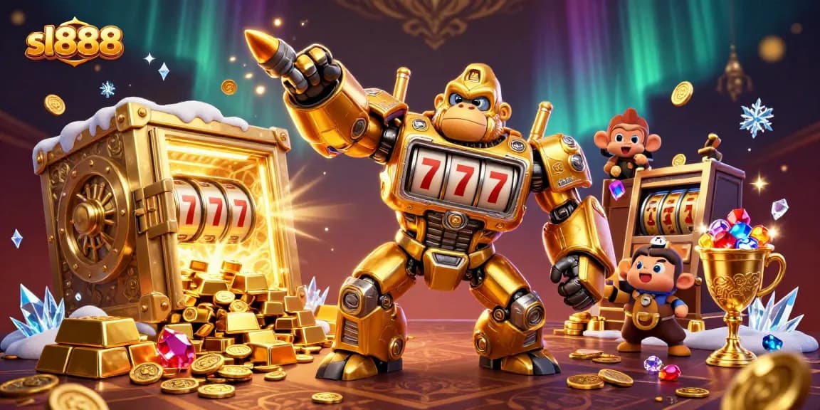 Experience fortune at sl888 with a golden gorilla mech and dazzling treasure in a lively casino atmosphere.