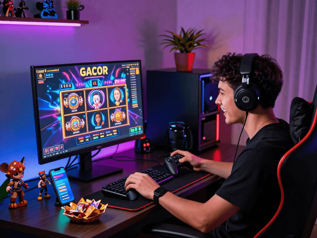 Player enjoying a slot gacor game on a vibrant gaming setup, showcasing excitement and contemporary gaming culture in 2026.