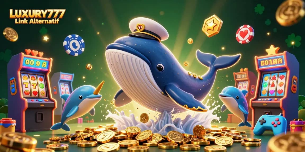 Menggandakan kesenangan dengan LUXURY777 Link Alternatif, ikan paus 3D yang melompat dikelilingi koin saat bermain slot.