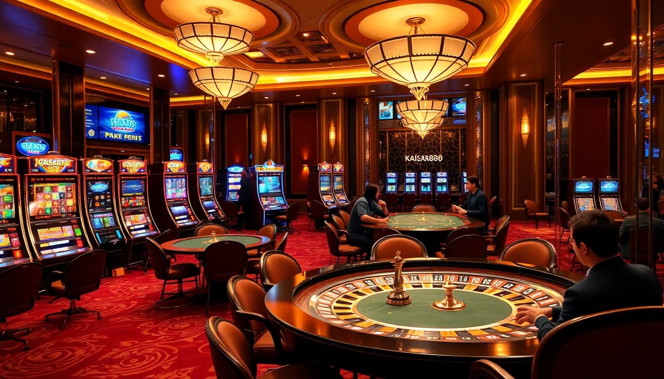 Kaisar888 slot area featuring vibrant machines, poker tables, and luxurious casino atmosphere.