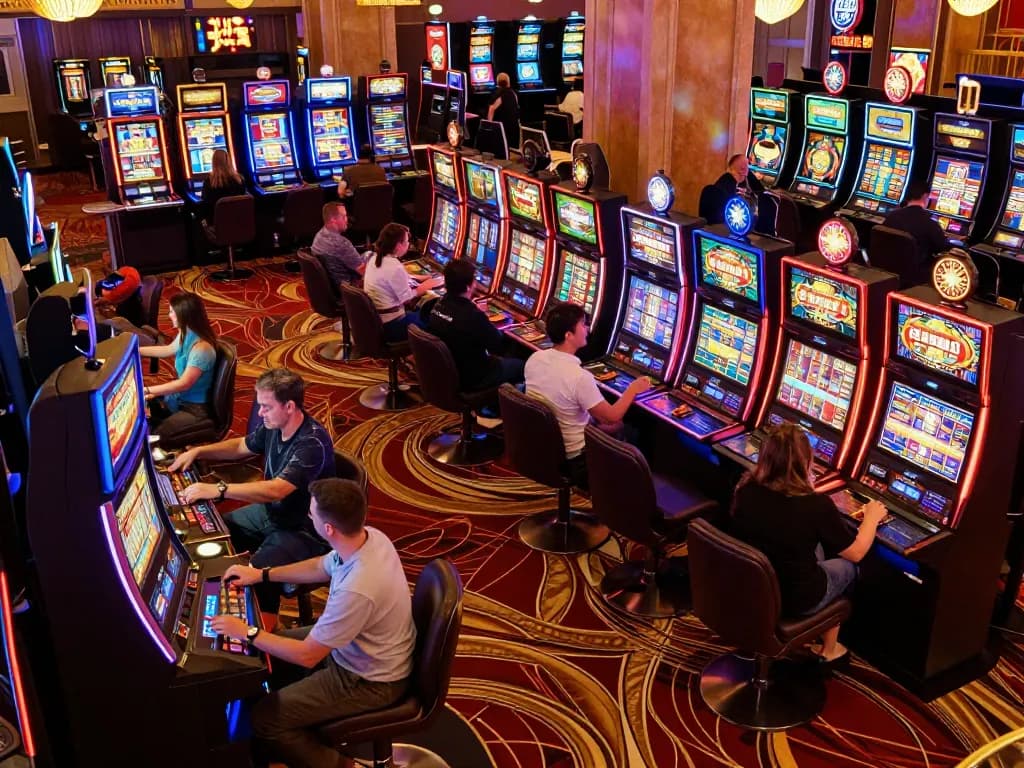 IDNSCORE players enjoying a thrilling moment at vibrant slot machines in a lively casino atmosphere