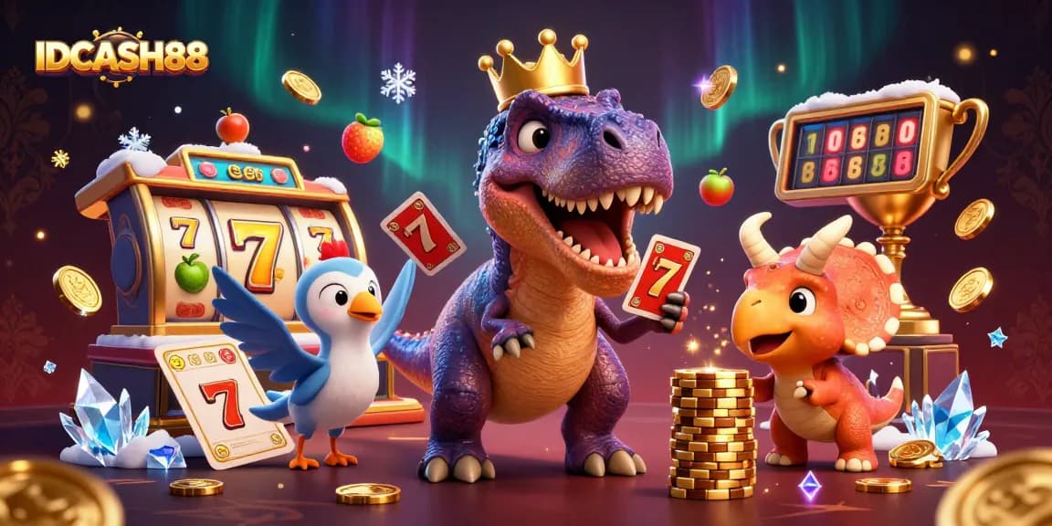 Play thrilling slot games with IDCASH88 featuring a T-Rex, pterodactyl, and triceratops in action.
