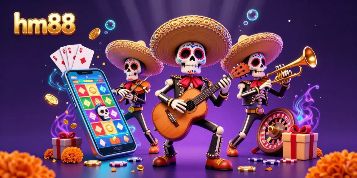 Experience immersive gaming with hm88 in vibrant casino action featuring joyous skeleton mariachi musicians.